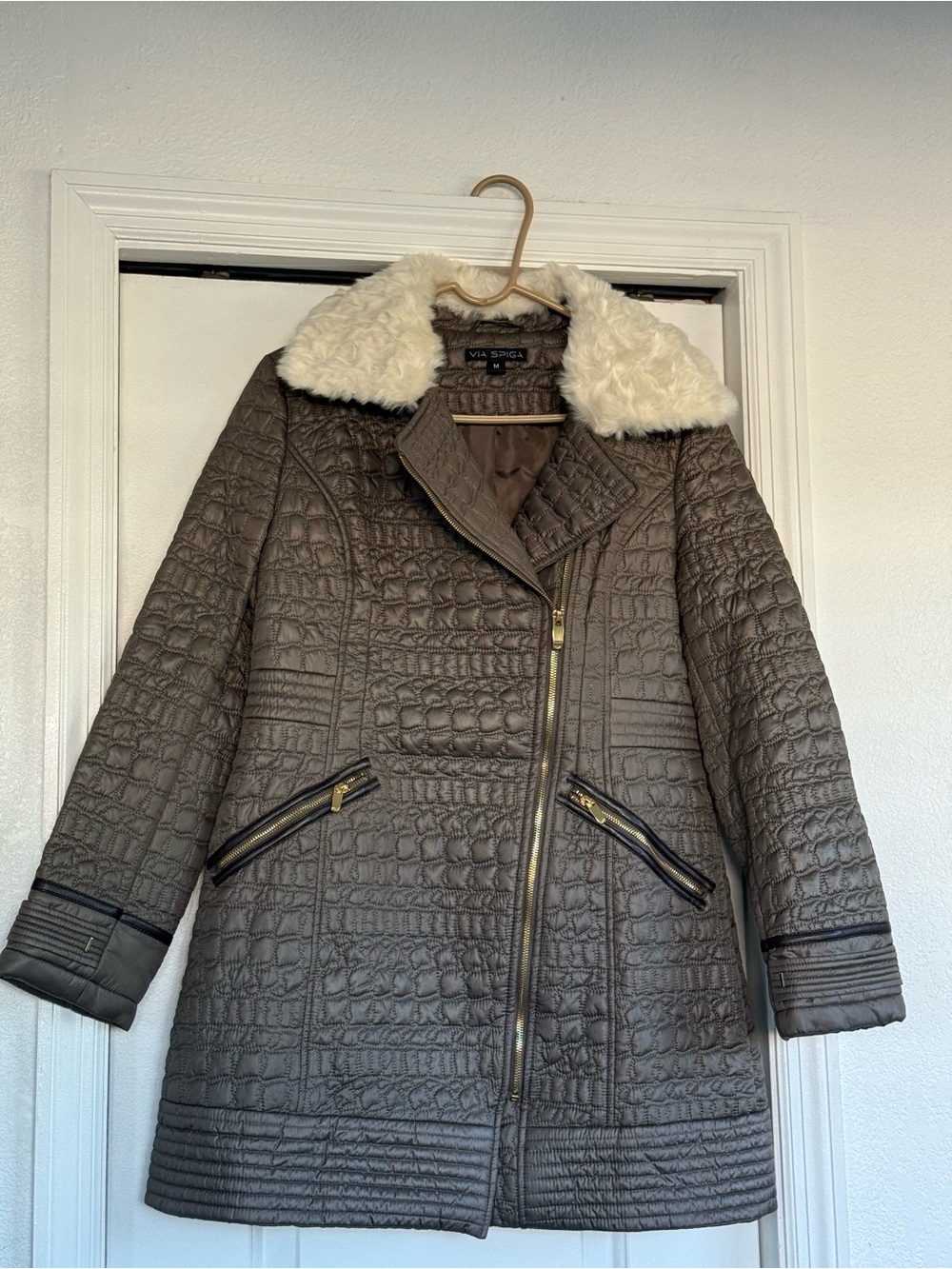 Via Spiga Taupe Quilted Puffer Coat with Faux-Shearling Collar